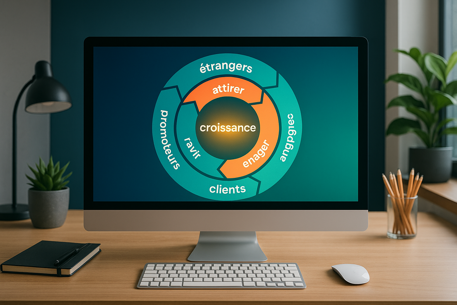 Dans un bureau moderne et lgant un bureau en bois clair supporte un cran dordinateur affichant une flywheel inspire de HubSpot Au centre un cercle indiquant le mot croissance brille avec un clat vibrant Ce cercle est entour dun cercles de flches tour-3