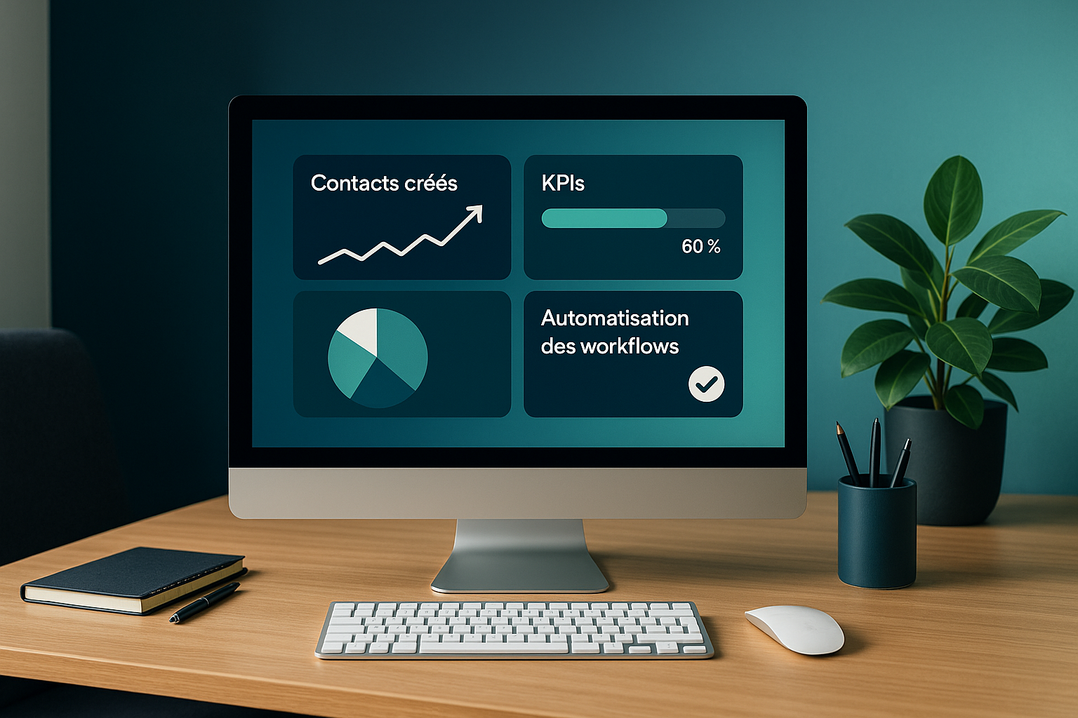 Dans un environnement lgant de bureau moderne un cran dordinateur est pos sur un bureau en bois clair Lcran affiche des vignettes captivantes  Vignette 1  Contacts crs graphique de progression montantVignette 2  KPIs barre de progression  60Vignette