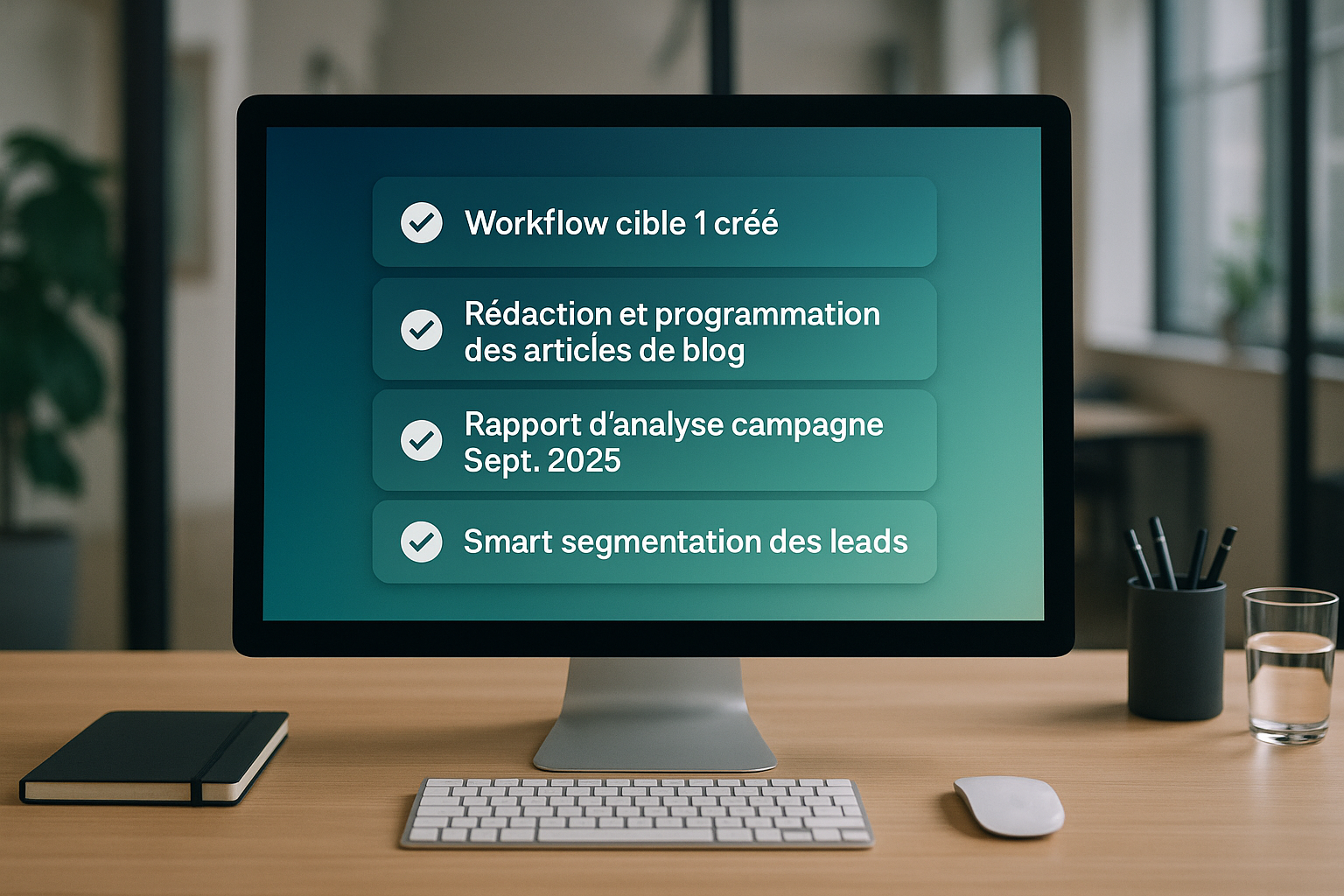 Dans un environnement lgant de bureau moderne un cran dordinateur est pos sur un bureau en bois clair Lcran affiche deux vignettes captivantesSUr la premire est crit prcisment  Workflow cible 1 cr avec un checkSur la deuxime vignette est crit prcisme