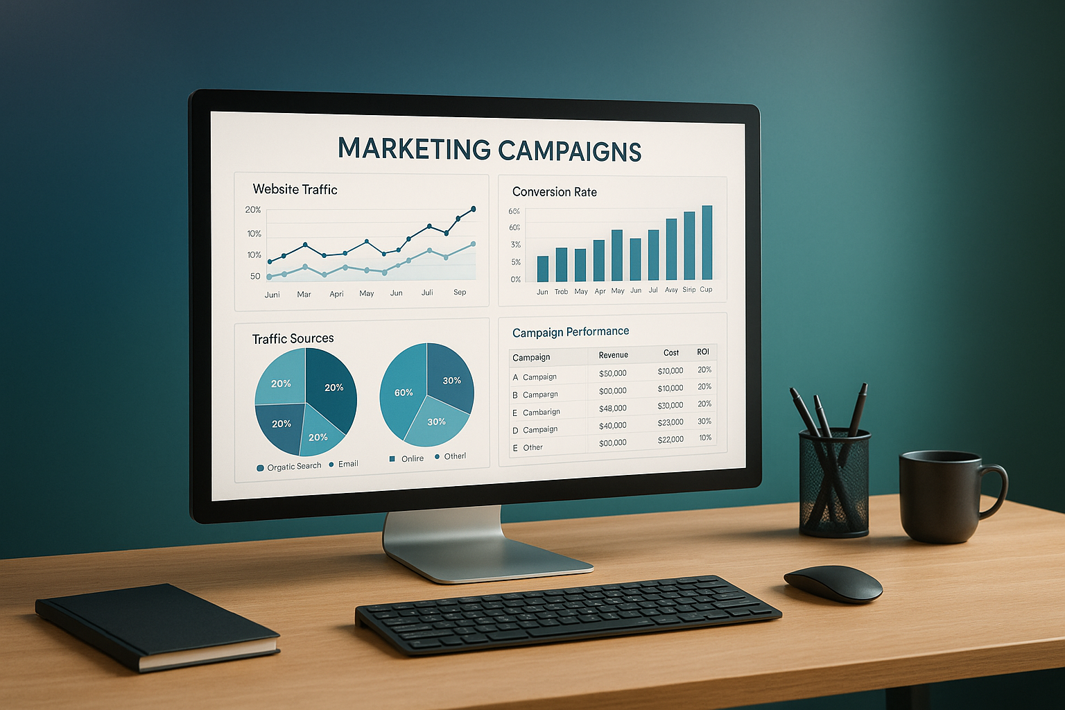 Dans un environnement lgant de bureau moderne un cran dordinateur est pos sur un bureau en bois clair Lcran affiche plus rapports statistiques ou camemberts de rsultats lis  des campagnes marketingLe fond de limage se dcline en dgrads apaisants allan