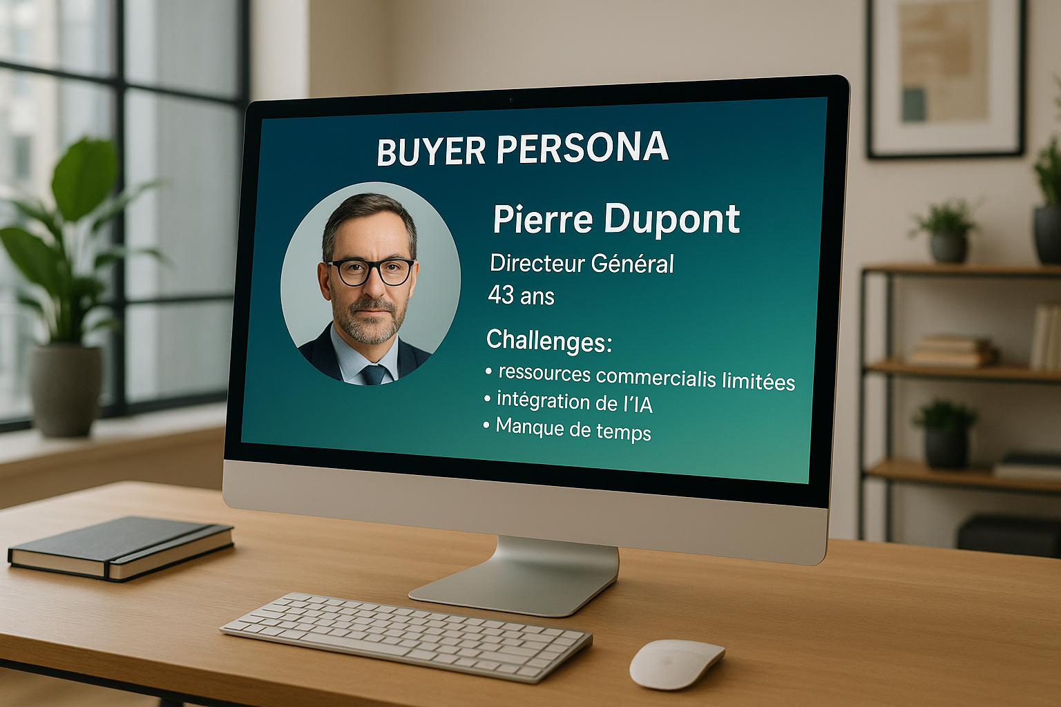 Dans un environnement lgant de bureau moderne un cran dordinateur est pos sur un bureau en bois clair Lcran affiche une vignette captivante intitule Buyer Persona mettant en avant Pierre Dupont un Directeur Gnral de 43 ans Sur lcran est prcisment cri-3